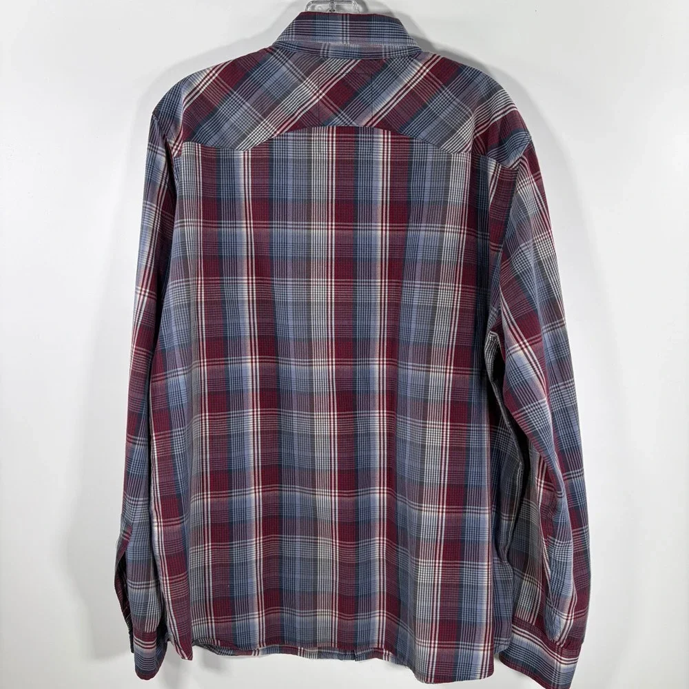 Levi Western Shirt Mens XL Pearl Snap Red Blue Plaid Vintage Cowboy Workwear